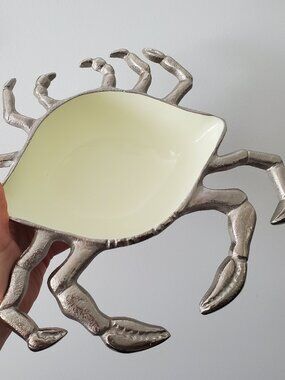 Large Silver Metal Crab Decor Bowl w/ Detailed Legs & Cream Enamel Interior